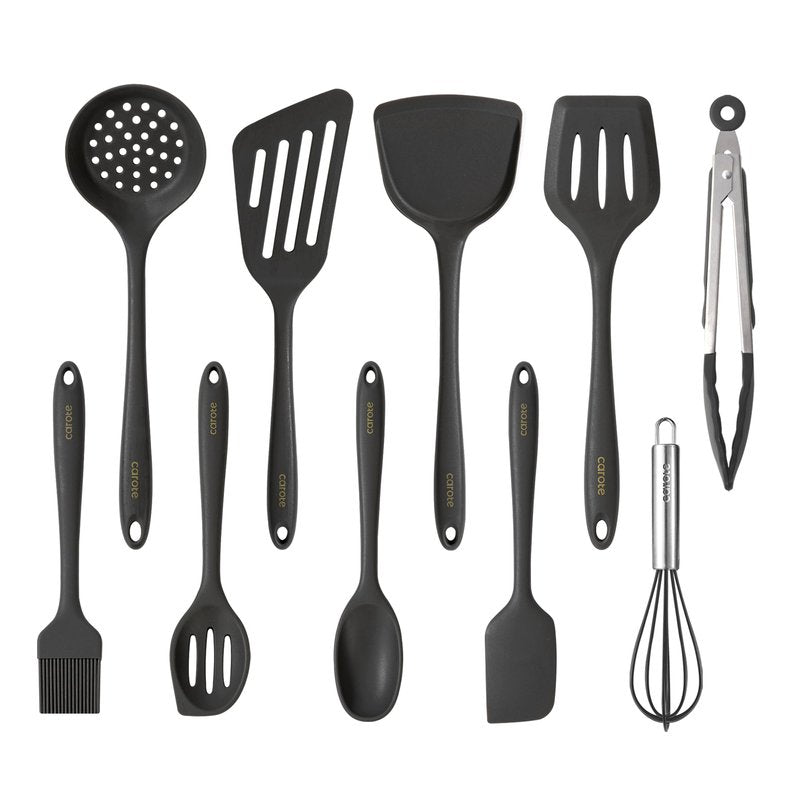 CAROTE Kitchen Utensil Set for Nonstick Cookware - 446°F Heat Resistant Silicone Cooking Utensils Set 10pcs, Dark Grey, Oderless Spatula, Turner