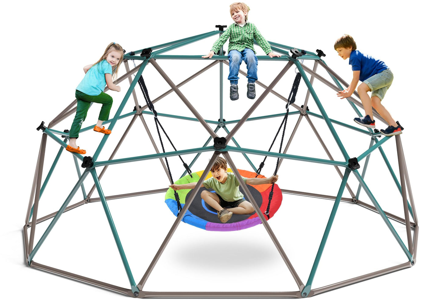 Hapfan 10 ft Climbing Dome Swing Set with Saucer Swing, Jungle Gym for Kids Outdoor Backyard, Supports 800lbs, Easy Asssembly, Rust-Resistant Outdoor Playset for Ages 3-8 8-12 (Green and Brown)