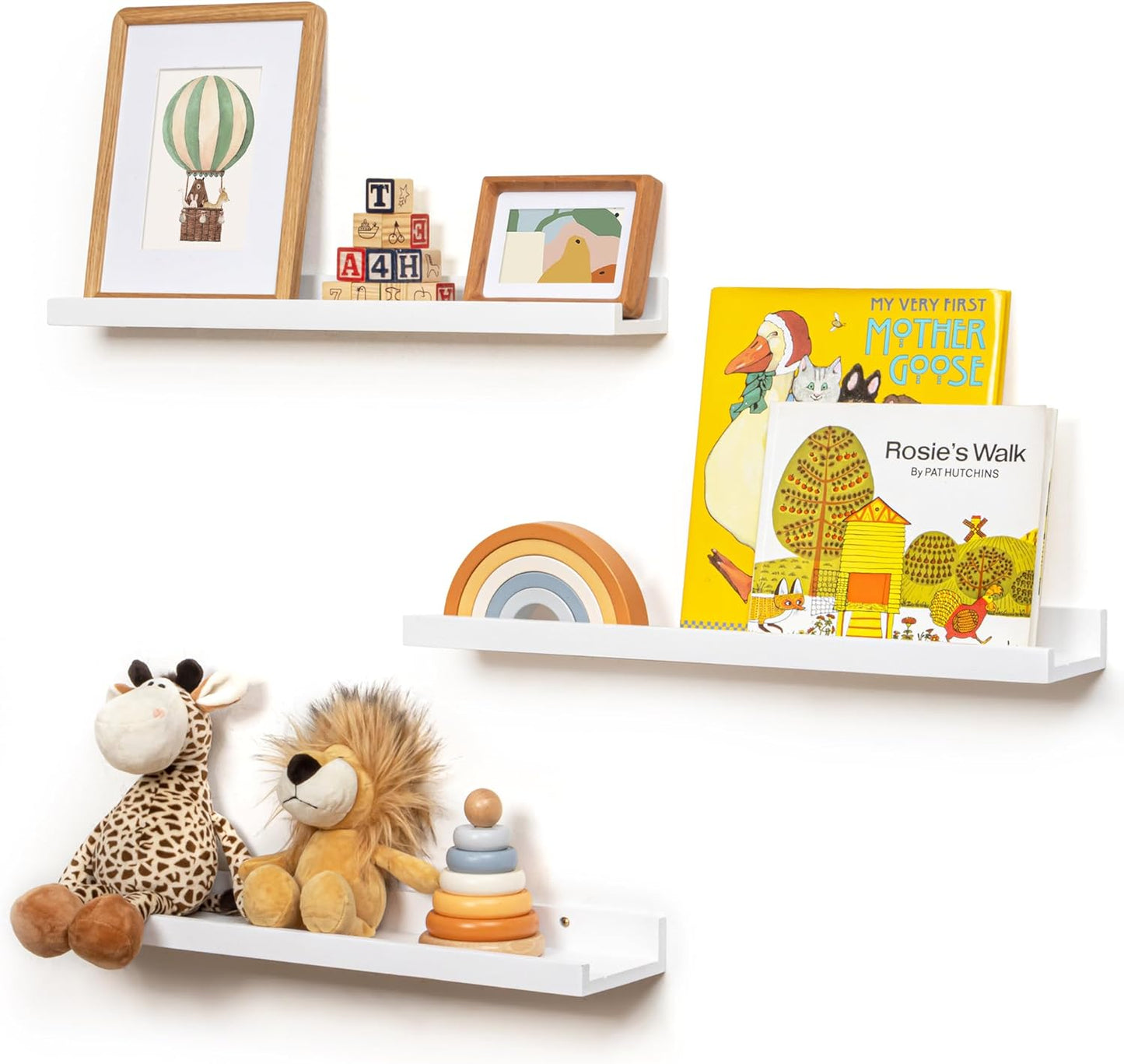 24 inches 3 Packs, Picture Ledge Shelf for Wall, Solid Pine Wood Nursery Book Shelves Floating Ledge Shelves for Kids'