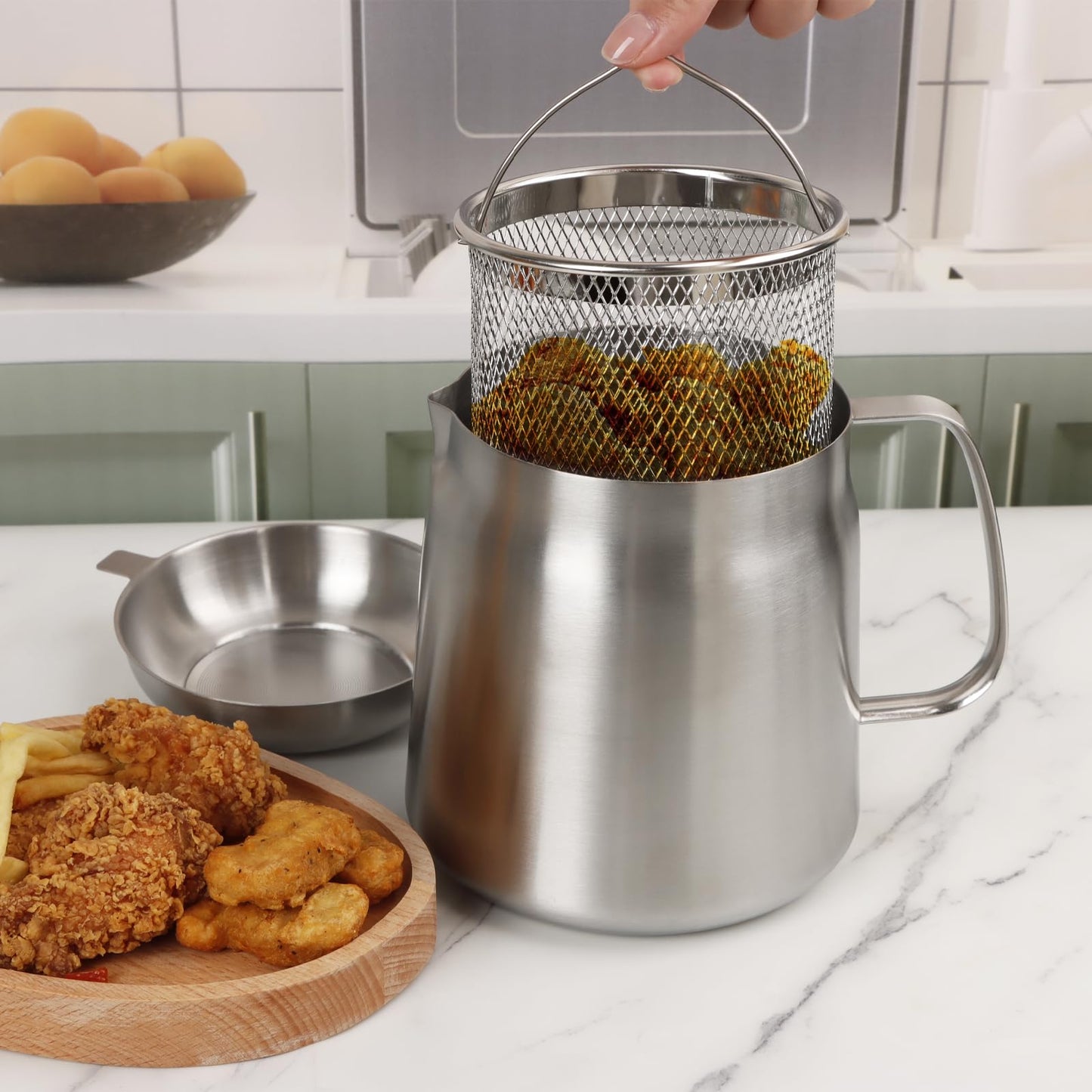 68oz 304 Stainless Steel Oil Filter Pot, Heavy Duty Bacon Grease Container & Deep Fryer Basket, Large Capacity Multi-function Oil Filter Vessel with Strainer for Kitchen Storing Frying Cooking Grease