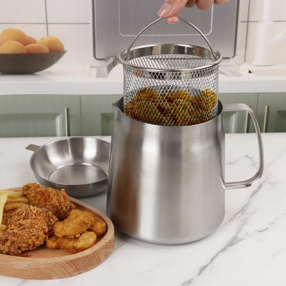 68oz 304 Stainless Steel Oil Filter Pot, Heavy Duty Bacon Grease Container & Deep Fryer Basket, Large Capacity Multi-function Oil Filter Vessel with Strainer for Kitchen Storing Frying Cooking Grease