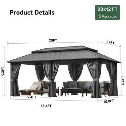 20x12FT Outdoor Gazebo - Hardtop Pergolas for Patios with Curtains and Netting Included, Permanent Gazebo Pavilion with Double Galvanized Steel Roof for Party, Outdoor Dining, Wedding, Gray