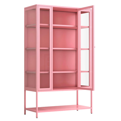 Merax 67" Tall Glass Display Cabinet with Adjustable Shelves and LED Lights, for Collectibles, Modern Steel Storage Curio Cabinet with 3-Sided Glass Display Case for Home Office Study Room, Pink