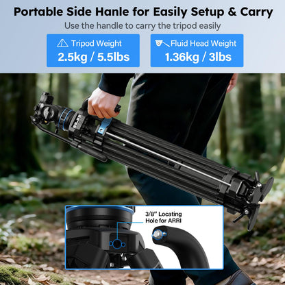 SIRUI Professional Video Tripod, Carbon Fiber Fluid Head, 5kg/11lbs, Stepless +90°/-70° Tilt & 360° Pan, One-Step Height Adjustment, QR Plate for DJI RS Series, Max 70.9in for DSLR Camcorder(SQ75+S5X)