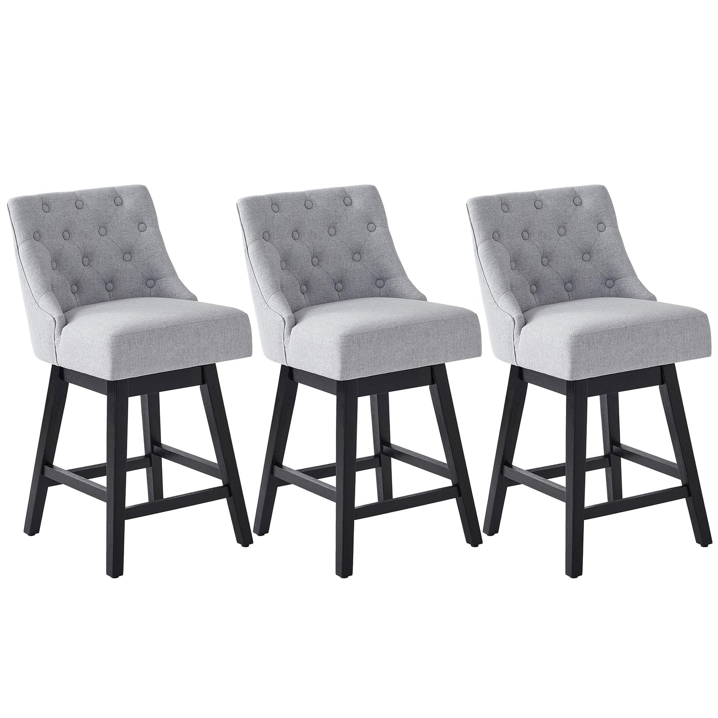 Erdoru Swivel Bar Stools with Backs, 26" Counter Height Bar Stools Set of 3, Modern Linen Fabric Upholstered Counter Height Stools with Solid Wood Legs for Kitchen Island, Dining Space, Light Grey
