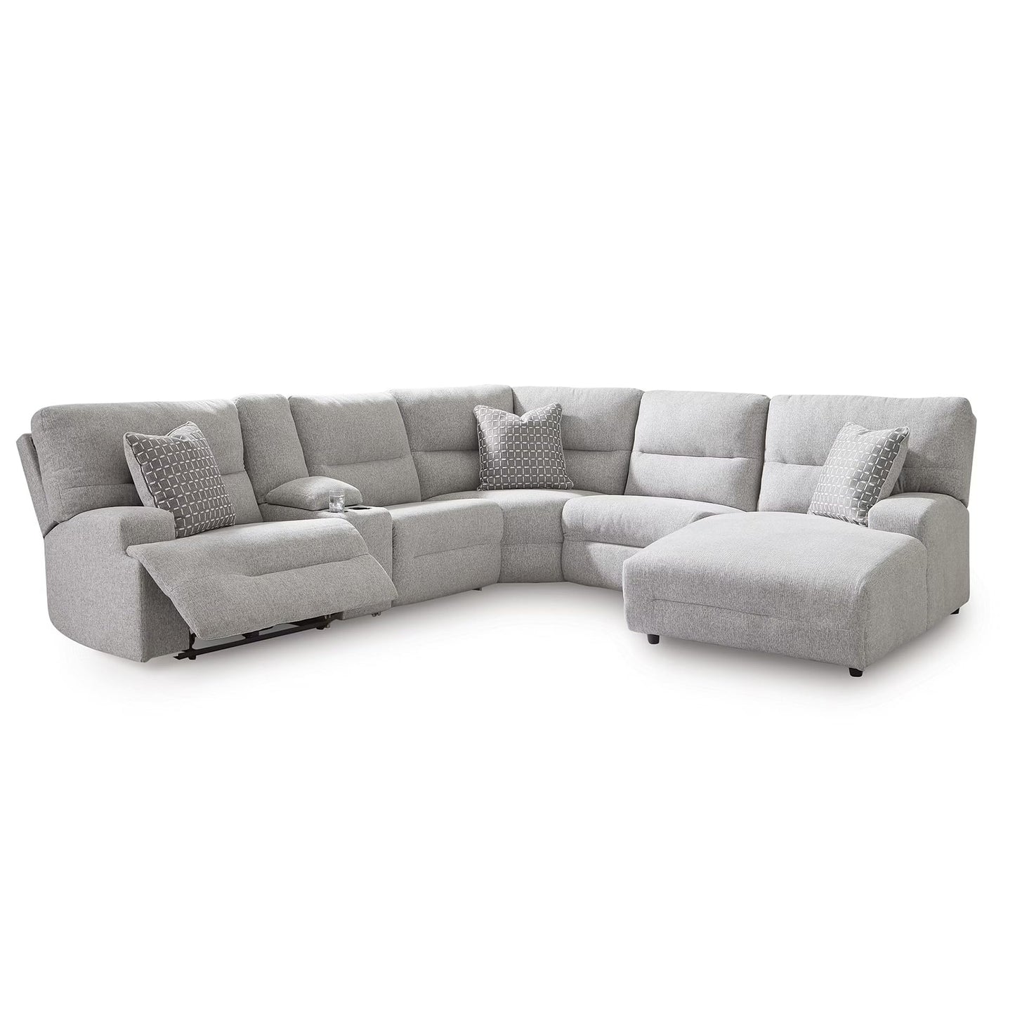 Signature Design by Ashley Acklen Place Modern U-Shaped Modular Stain-Resistant 6-Piece Power Reclining Sectional with Chaise, Adjustable Headrest, USB Charging Ports and Console, Light Gray