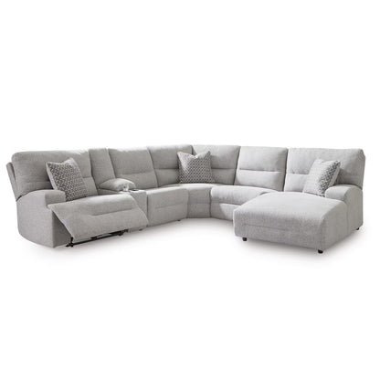 Signature Design by Ashley Acklen Place Modern U-Shaped Modular Stain-Resistant 6-Piece Power Reclining Sectional with Chaise, Adjustable Headrest, USB Charging Ports and Console, Light Gray