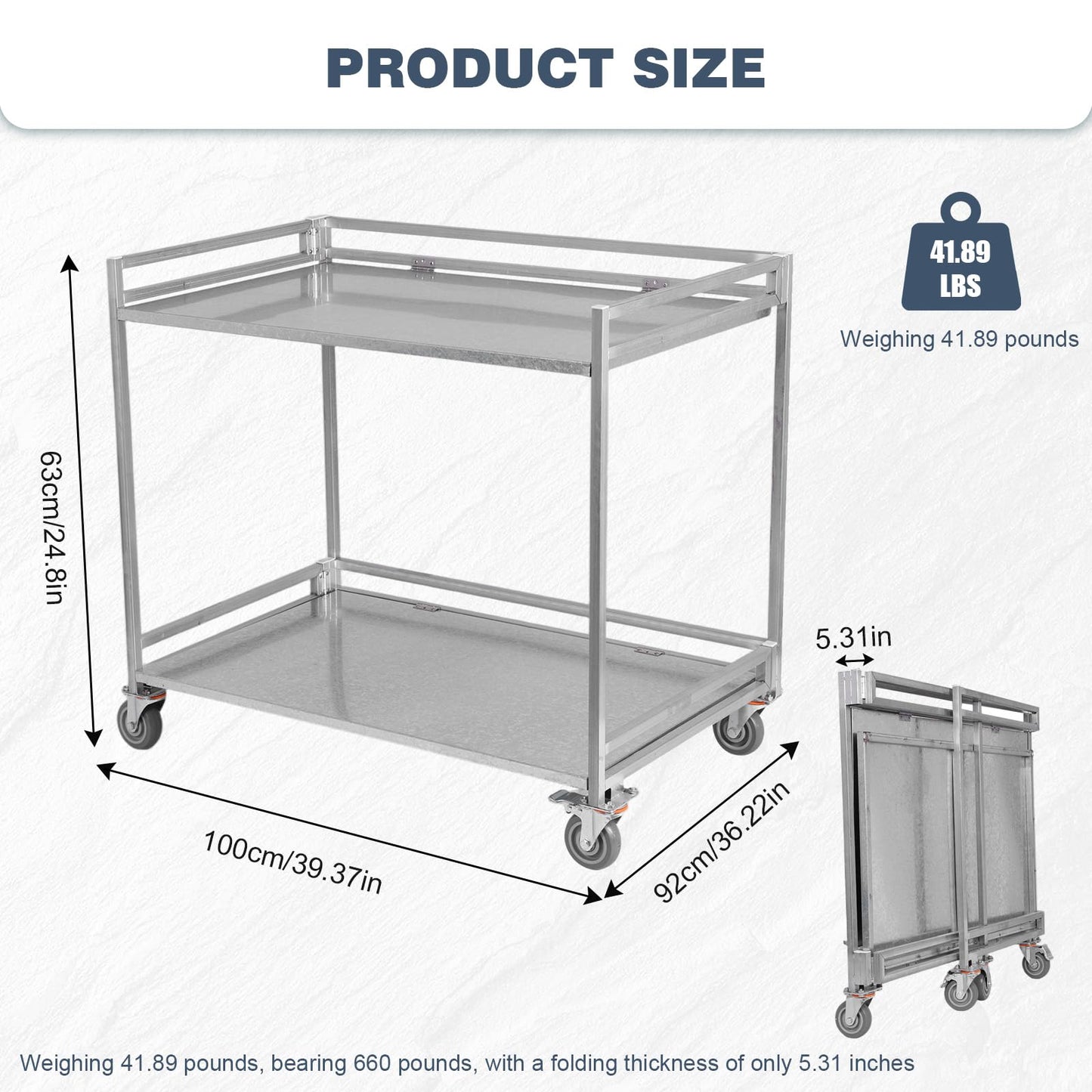 OssifragaBone 2 Shelf Rolling Cart Collapsible Steel Rolling Utility Cart with Wheels 660lbs Capacity with Handle for Warehouse/Garage/Cleaning/Manufacturing