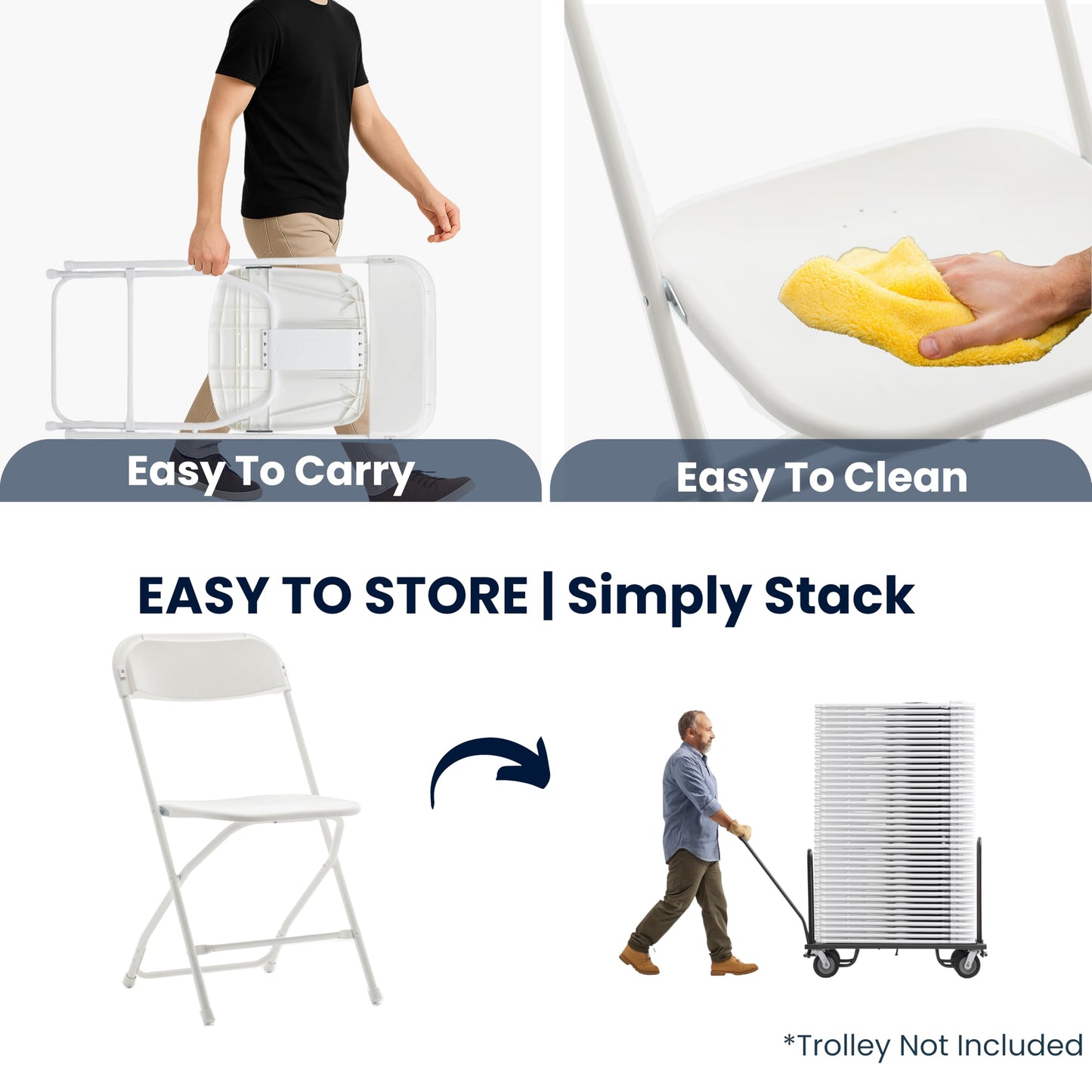 BTEXPERT Set of 50,Indoor Outdoor White Plastic Folding Chairs Stacking Steel Frame Commercial 650LB Weight Capacity Seating Home Yard Garden Wedding Event Party Picnic Dining Church School Portable