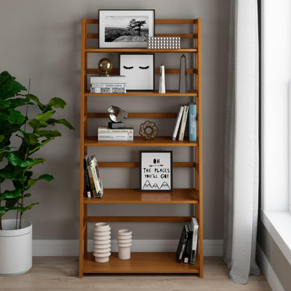 Hassyee Industrial Design Ladder Shelf Storage Rack Bookcase, Transitional Style Multipurpose 5-Tier Bookshelf for Living Room, Home Office, Kitchen, Bedroom