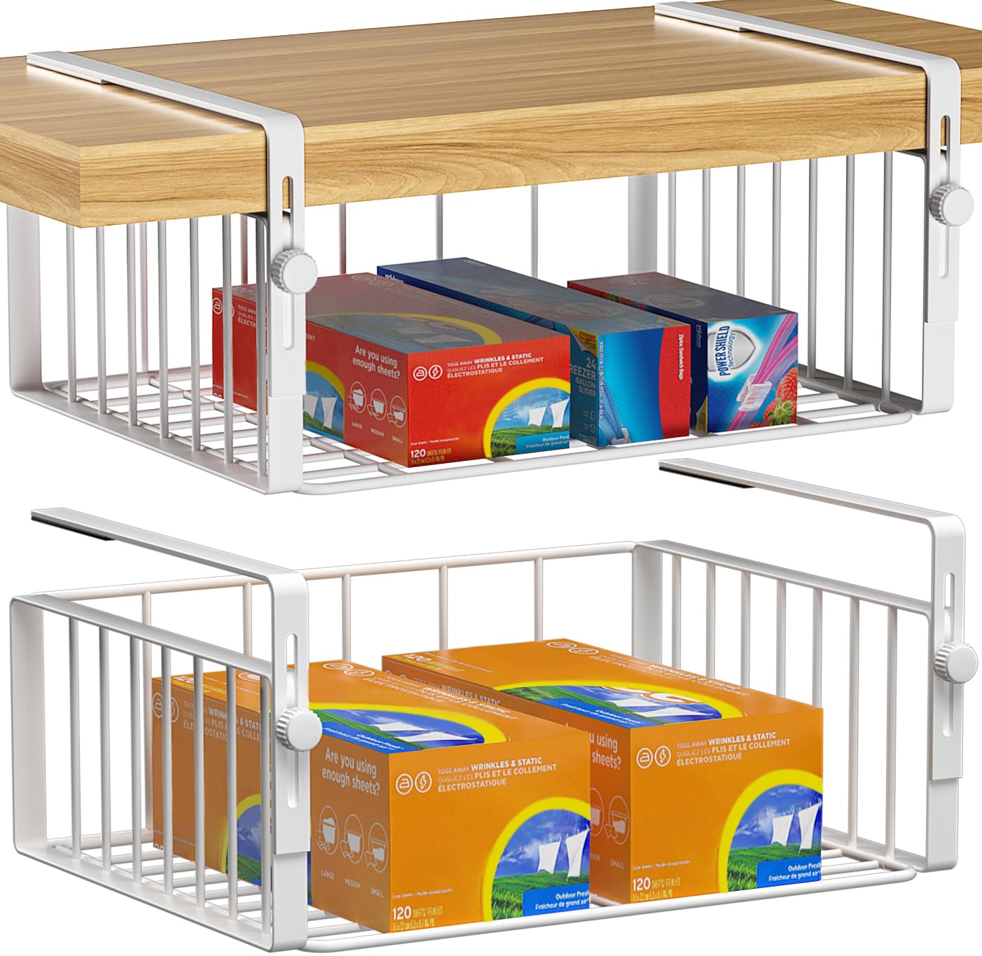 AmonHouseware 2Pack Under Shelf Basket Organizer,Adjustable Hanging Holder Storage for Cabinet Pantry Kitchen Cupboard Desk Counter Bookshelf Organization Add-on Space Saver Heavy Duty Slide-in,White