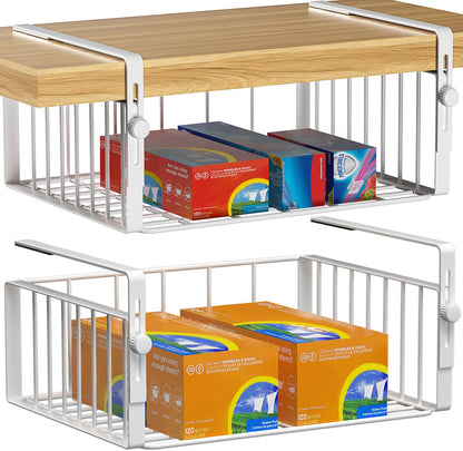 AmonHouseware 2Pack Under Shelf Basket Organizer,Adjustable Hanging Holder Storage for Cabinet Pantry Kitchen Cupboard Desk Counter Bookshelf Organization Add-on Space Saver Heavy Duty Slide-in,White