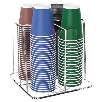 HOUSEDOMO Coffee Cup Organizer for Countertop - Rotating Plastic Cup Holder 4 Compartments Clear Acrylic Cup and Lid Holder for Coffee Bar Restaurant Breakroom Disposable Paper Coffee Cup Dispenser