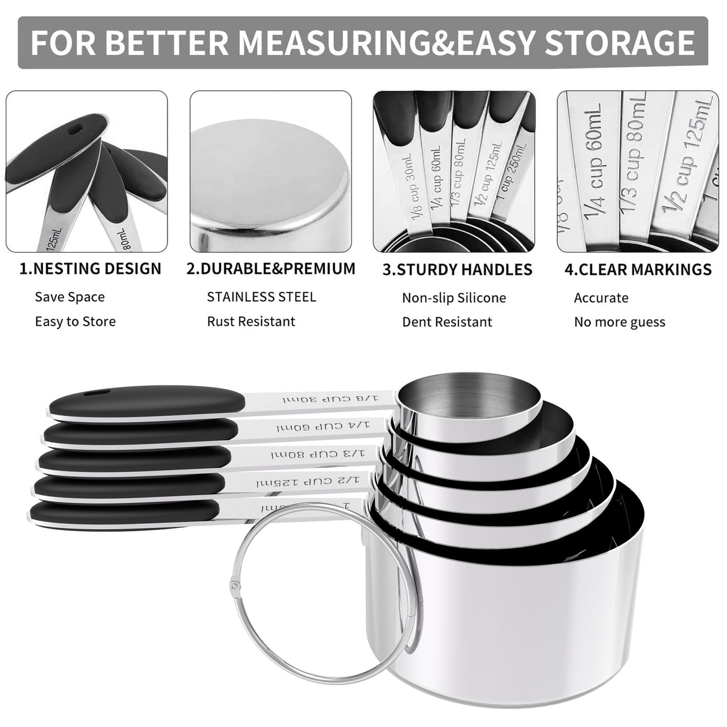 TILUCK Measuring Cups and Spoons Set, Stainless Steel, Kitchen Utensils for Cooking and Baking (10)
