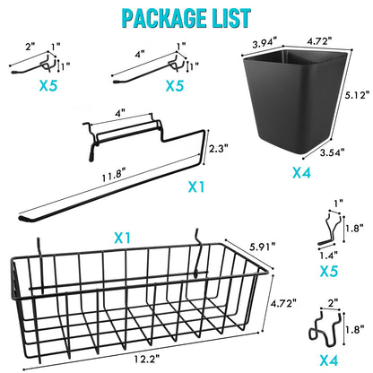 G.CORE Peg Board Organizer 21 Pack, Pegboard Accessories with Baskets Cups Hooks - 1/8" & 1/4" Peg Board Wall Tool Organizers, Utility Holders & Hangers for Garage Craft Workbench (Black & Black)