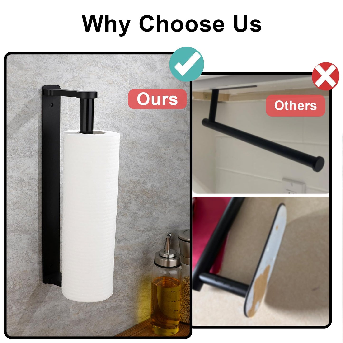 MONEER Paper Towel Holder Under Cabinet, Paper Towel Holder, Aluminum Alloy Kitchen Towel Holders, Self Adhesive Kitchen Roll Holder for Kitchen, Bathroom, Living Room (Black)