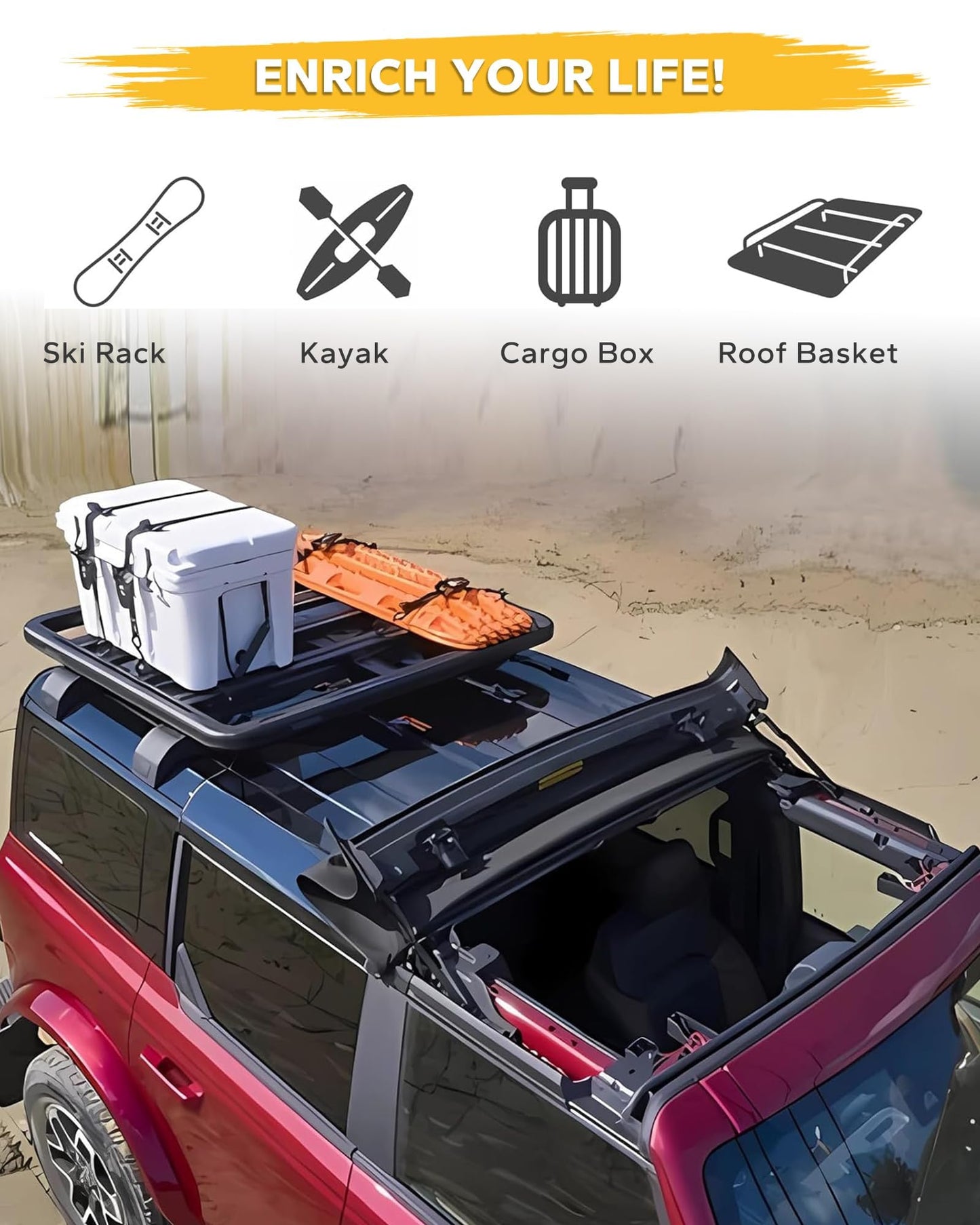 Broaddict Half Short Roof Rack Cross Bars Fit for 2021-2025 2026 Ford Bronco 4-Door Hard Top, Aluminum Side Rail Luggage Carrier, for Kayak, Bike, Snowboard Low Profile Bronco Storage Accessories