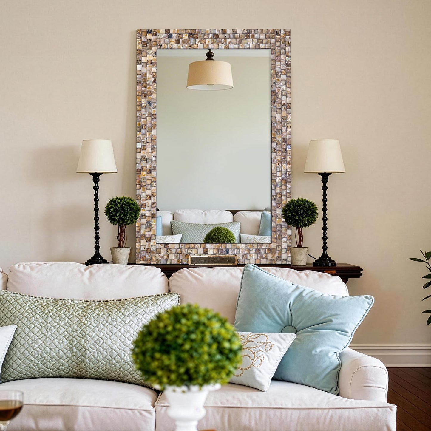 Large 36''x24'' Bathroom Mirror with Mosaic Frame, Modern Decorative Mirror with Handcrafted Mother of Pearl, Rectangular Wall Mounted Mirror for Entryway, Living Room, Fireplace Coastal Style