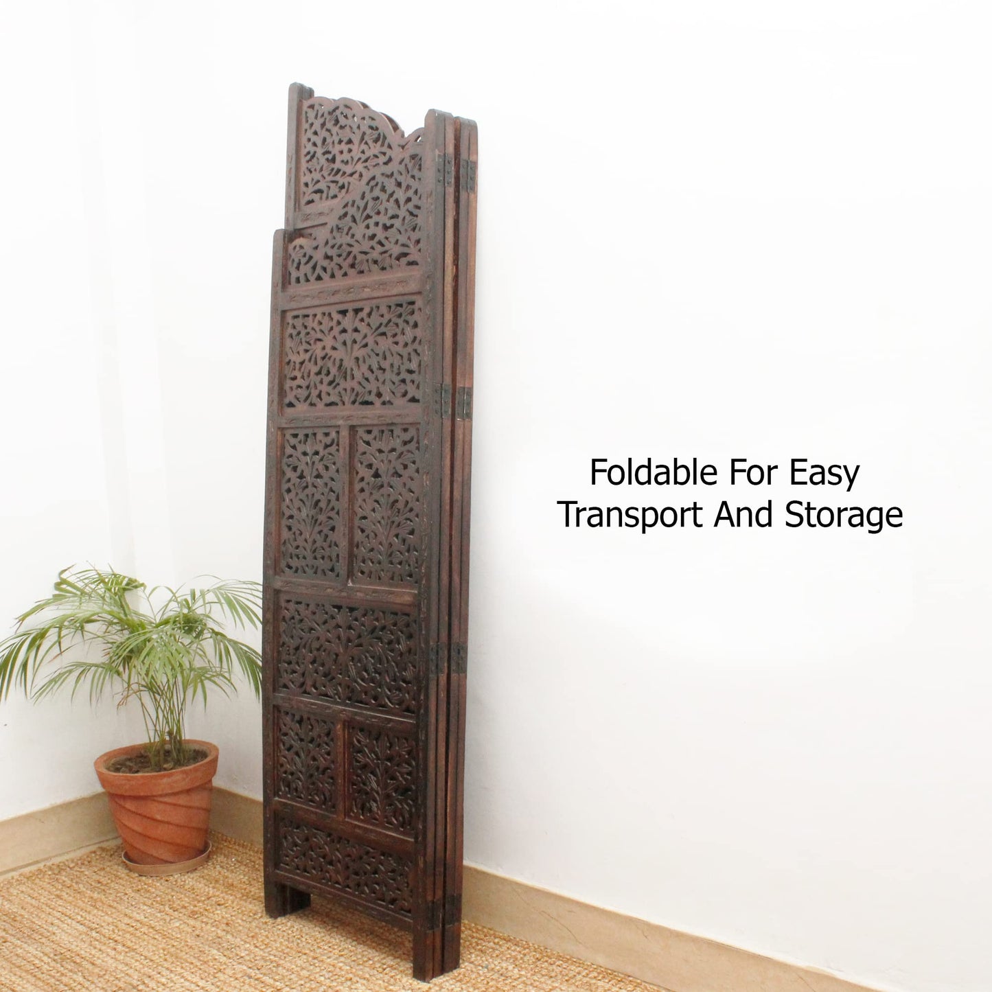 Room Divider Wood Screen - Mahanadi Antique Brown - 4 Panel Folding 72x80 - Wooden Hand Carved Screen Decorative Functional Versatile - Small Spaces Reversible Privacy Partition - COTTON CRAFT