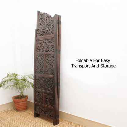 Room Divider Wood Screen - Mahanadi Antique Brown - 4 Panel Folding 72x80 - Wooden Hand Carved Screen Decorative Functional Versatile - Small Spaces Reversible Privacy Partition - COTTON CRAFT