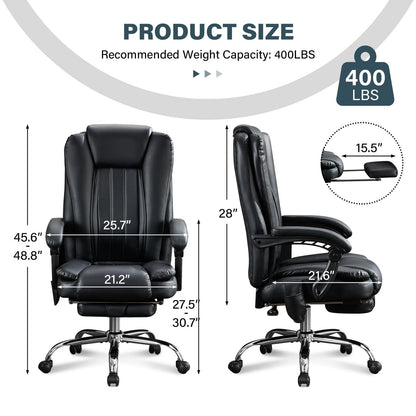 Thctvous Luxury Leather Executive Office Chair with Foot Rest, Reclining Massage Office Chair with Heat/Adjustable Backrest/Rolling Wheels/Soft Cushion, Heavy Duty, 400 Lbs Capacity (Leather, Black)