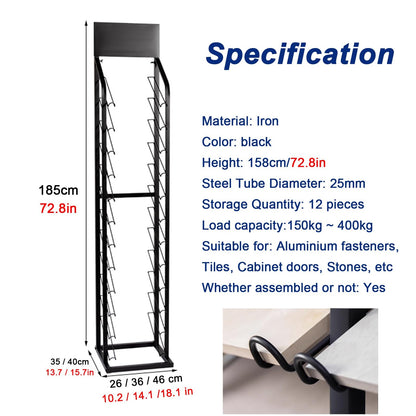 CVGfko Large Format Cabinet Samples Display Rack, Building Material Organizer Shelf with 12 Card Slots, Floor Standing Wooden Board Door Sample Holder for Retail Stores/Trade Show,Black,36x40x185cm