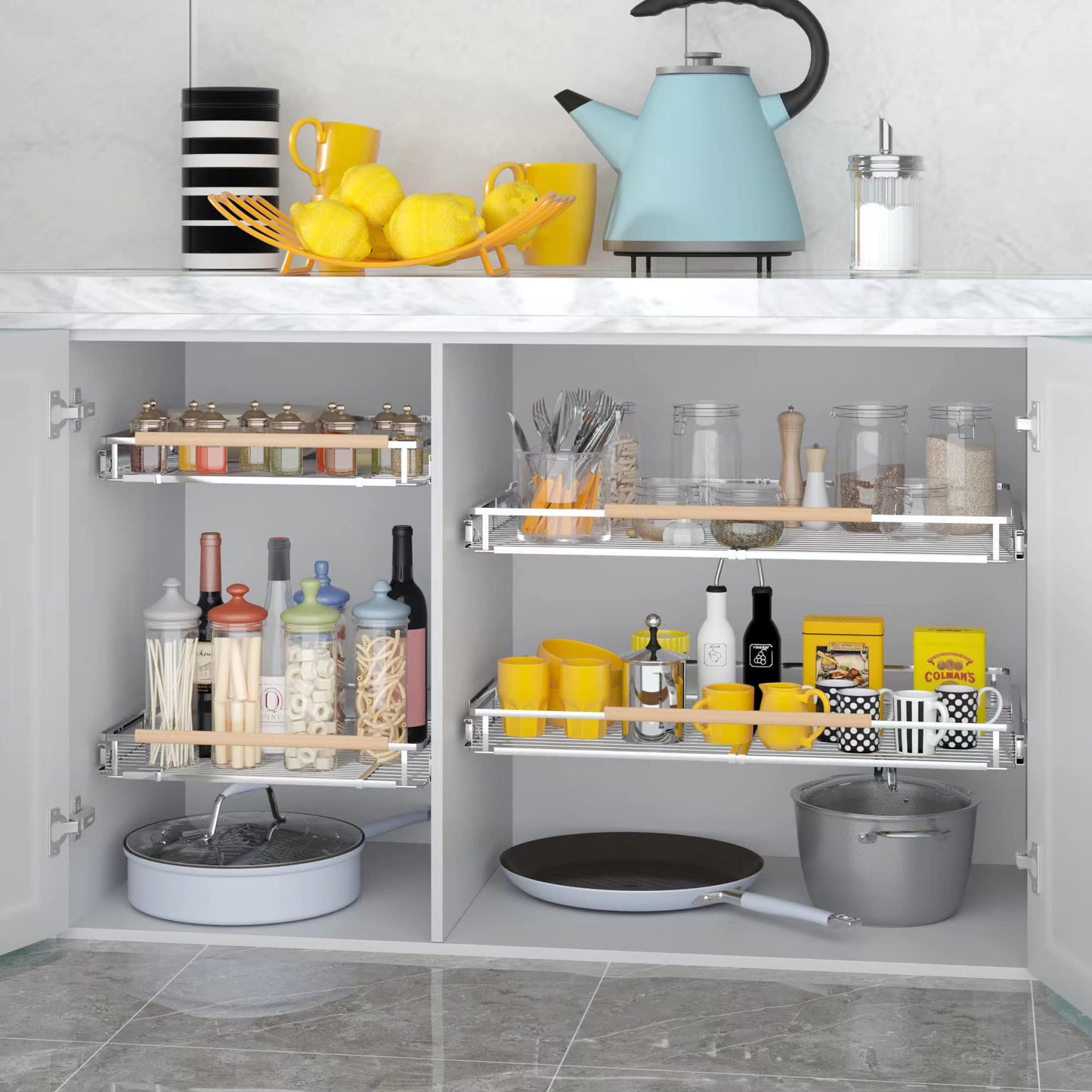 Pull Out Cabinet Organizer, 23~39.8"W x 22.5"D Expandable Pull Out Shelves for Kitchen Cabinets, Heavy Duty Metal Slide Out Pantry Shelves Sliding Shelf for Home Kitchen,Under Sink,Bathroom,Wardrobe