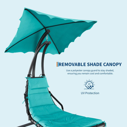 GarveeLife Chaise Lounger Swing Chair with Umbrella Canopy, Patio Hanging Chaise Lounger Chair with Stand, Curved Steel Outdoor Lounge Chairs for Indoor Patio Pool Garden Backyard Porch