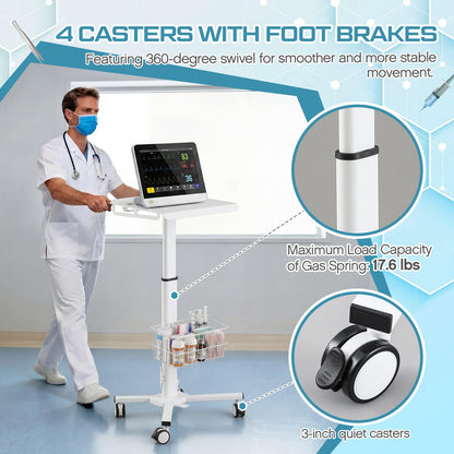 15.8" x 15.2" Medical Laptop Workstation Trolley Cart with Wheels Height Adjustable Medical Cart with Storage Basket Load for Dental Clinic, Home Office, Salon Hospital, Lab Use (Heavy Duty)