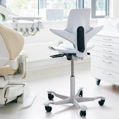 HAG Capisco Puls Adjustable Sit to Stand Desk Chair-White Frame-Blue Plastic-Blue Partial Cushion with Footring