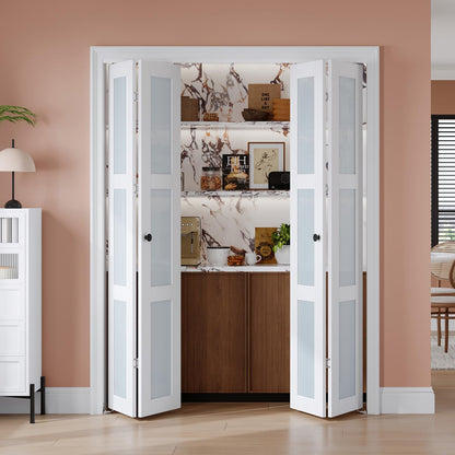 EaseLife Preassembled Bi-Fold Doors, for 48"x 80" Opening,Tempered Frosted Glass Closet Folding Barn Door with Concealed Hardware Kit,MDF Wood Panel,Water-Proof PVC Surface,Easy Installation