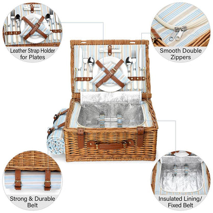 Picnic Basket Set for 2 Persons, Willow Hamper with Large Insulated Cooler Compartment, Waterproof Blanket and Cutlery Service Kit-Classical Brown