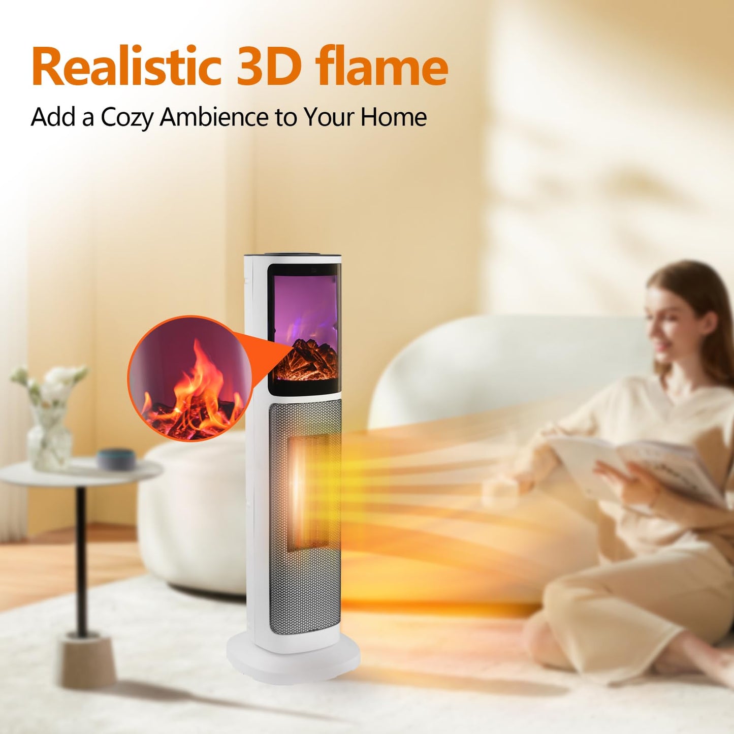 HINEIBER 750W/1500W Ceramic Tower Space Heater with 3D Flame, Electric Heater with 65° Oscillation, Adjustable Thermostat and Remote Control, 12H Timer, Overheat Protection for Bedroom Office