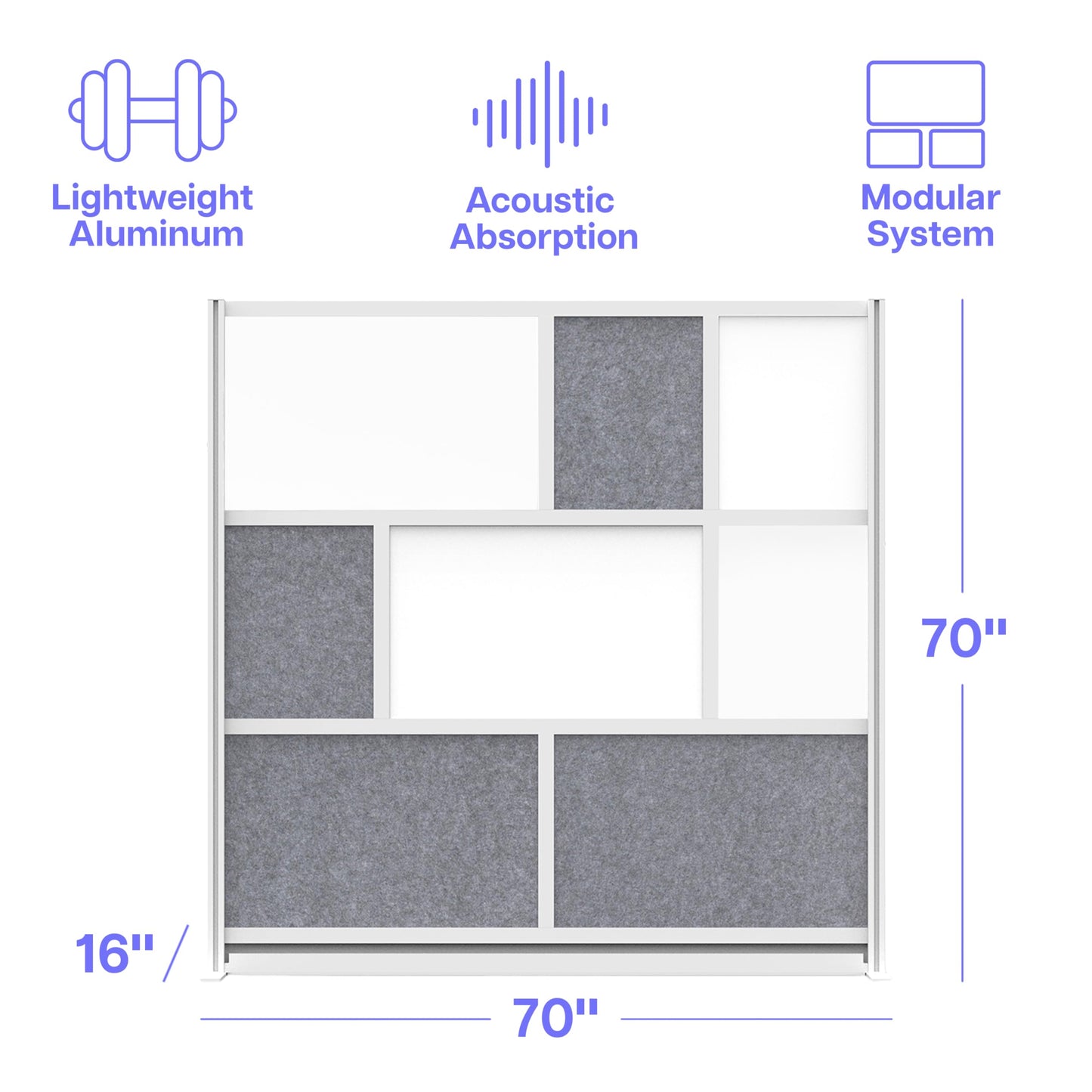 Room Divider for Office Privacy – Modular Freestanding Partition with Whiteboard, PET Acoustic Panel, and Frosted Acrylic, Workflow Multi-Functional Wall, Gray Frame, Easy Assembly (70” x 70”)
