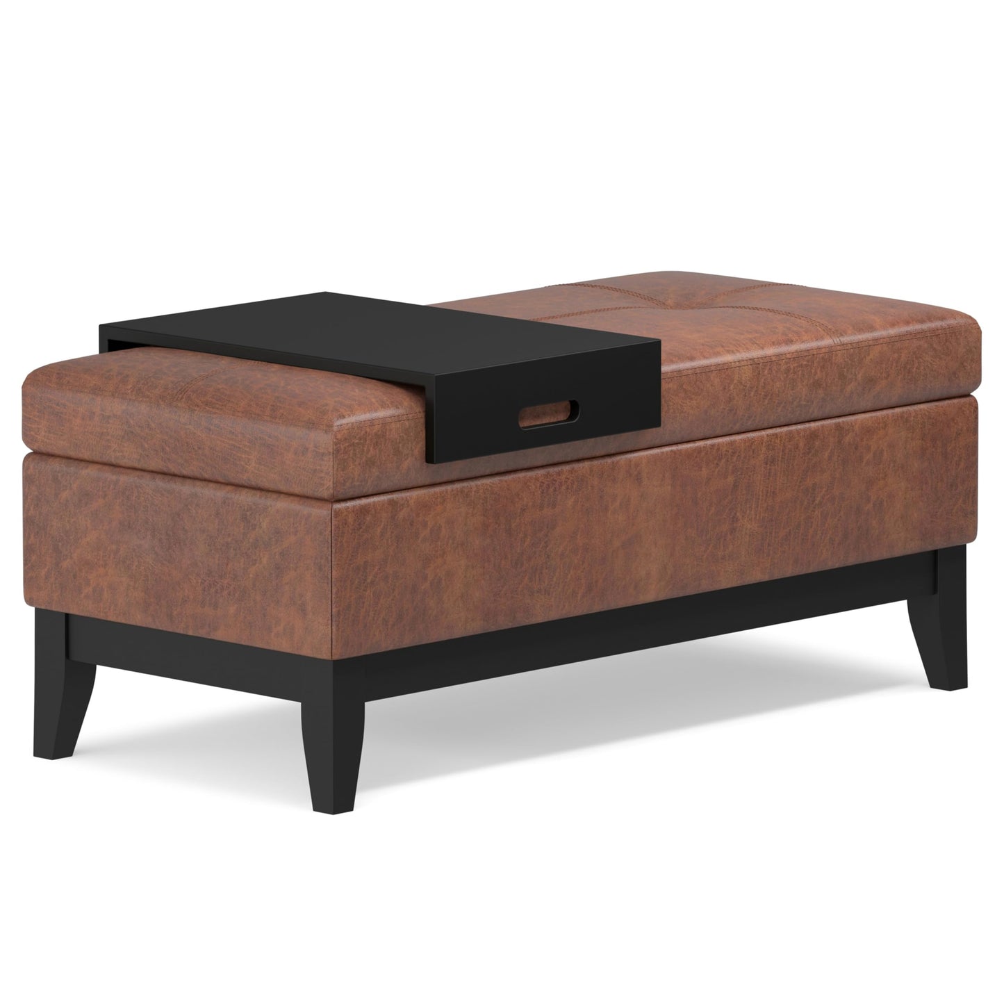 SIMPLIHOME Oregon Storage Ottoman Bench with Tray - 42 inch Wide Vegan Leather Rectangle Storage Ottoman Bench in Distressed Saddle Brown, Transitional Tufted Ottoman for Living Room with Lift-Up Lid