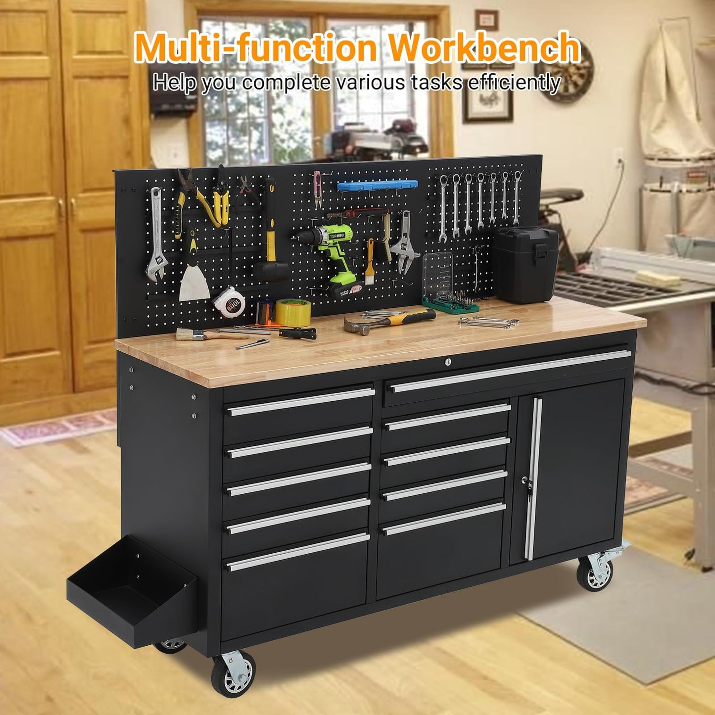61 Inch Rolling Tool Chest, 10 Drawers Garage Workbench Storage Tool Cabinet with Rubber Wood Top, 1675 LBS, Power Strip, Locking System, Drawer Liners for Garage, Warehouse and Repair Shop, Black