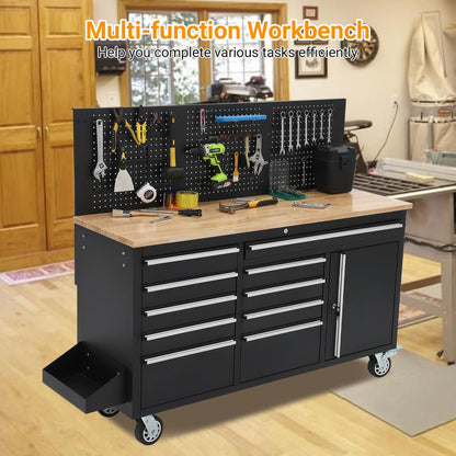 61 Inch Rolling Tool Chest, 10 Drawers Garage Workbench Storage Tool Cabinet with Rubber Wood Top, 1675 LBS, Power Strip, Locking System, Drawer Liners for Garage, Warehouse and Repair Shop, Black