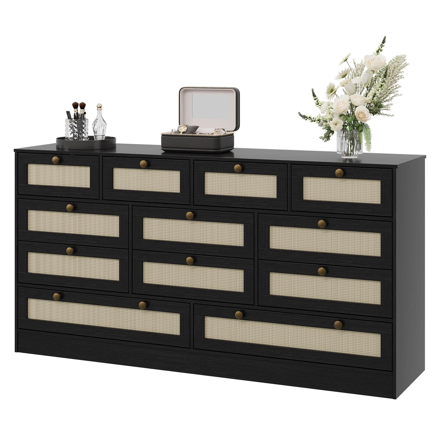 GarveeHome 12 Drawer Wooden Dresser for Bedroom, Rattan Chest of Drawers for Closet, Living Room, Hallway, 61 Inch Wood Wide TV Stand Dressers for 65 Inch TV, Modern Dresser for Adult Room