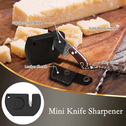 JAEZZIY Mini Knife Set, Damascus Pocket Knife with Sharpener, Mini Chef EDC Knives, Tiny knife Cleaver Keychain Tiny Things for Package Opener, Box Cutter, Letter Opener - Set of 5