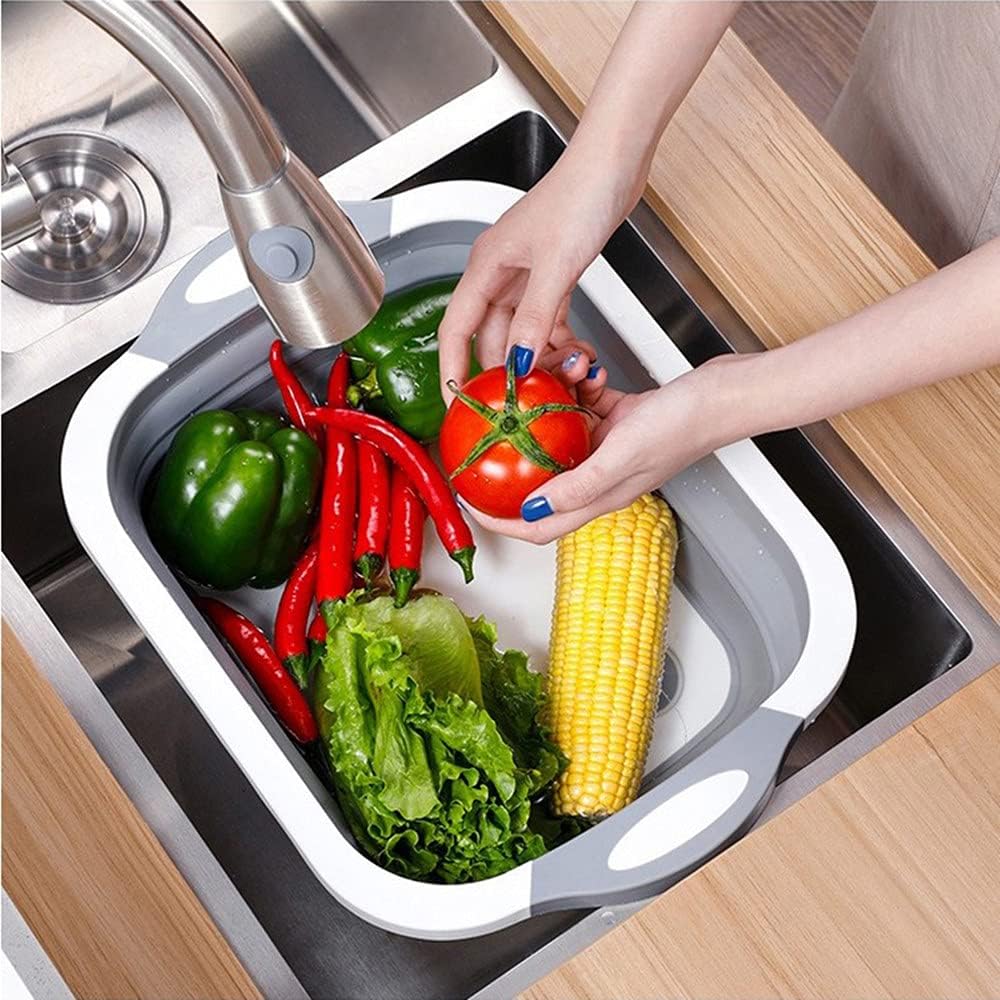 Folding Cutting Board with Draining Plug, Multi-Function Collapsible Basket for Washing Fruits and Vegetables