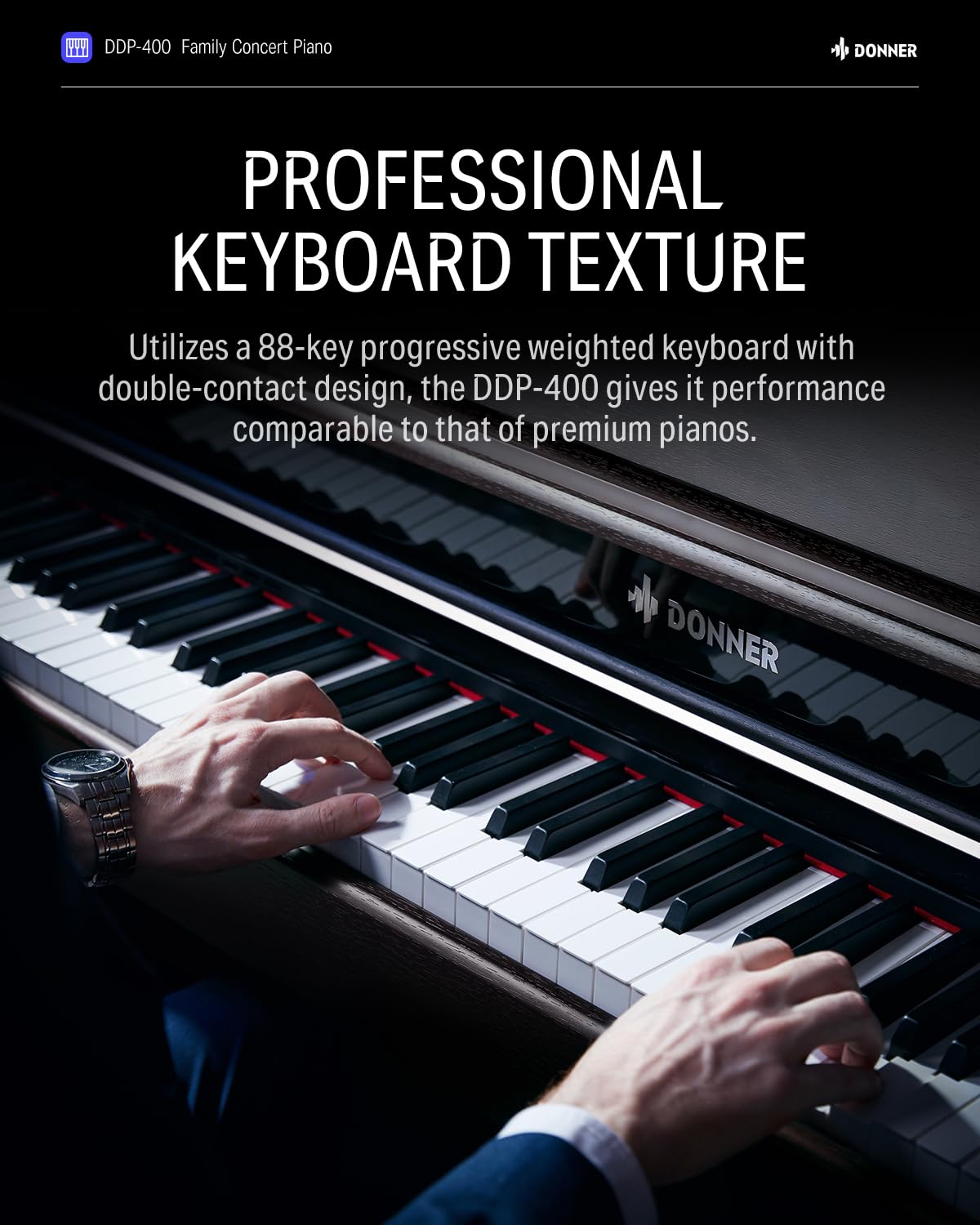 Donner DDP-400 Digital Piano with 88 Key Progressive Weighted Keyboard, Premium Upright Piano Keyboard for Professional, Bundle with Headphone, Bluetooth, Record,138 Tones,100 Rhythms, LCD, Brown