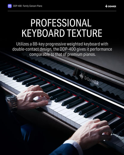 Donner DDP-400 Digital Piano with 88 Key Progressive Weighted Keyboard, Premium Upright Piano Keyboard for Professional, Bundle with Headphone, Bluetooth, Record,138 Tones,100 Rhythms, LCD, Brown