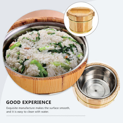 SHOWERORO Wooden Rice Bucket with Lid 6.3X4.7X4.3 Inch Japanese Style Sushi Rice Bowl and Bibimbap Mixing Tub Compact Wood Serving Dish for Home Kitchen