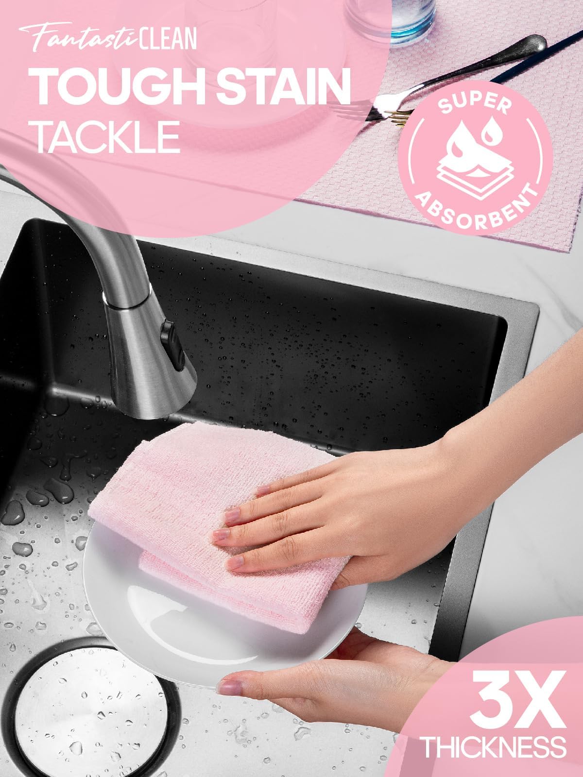 Fantasticlean Large Microfiber Cleaning Cloth Roll - 18'' by 12'', 36 Sheets, Thick, Super Absorbent and Reusable Rags, Daily Cleaning Supplies for Vehicle..(Pink)