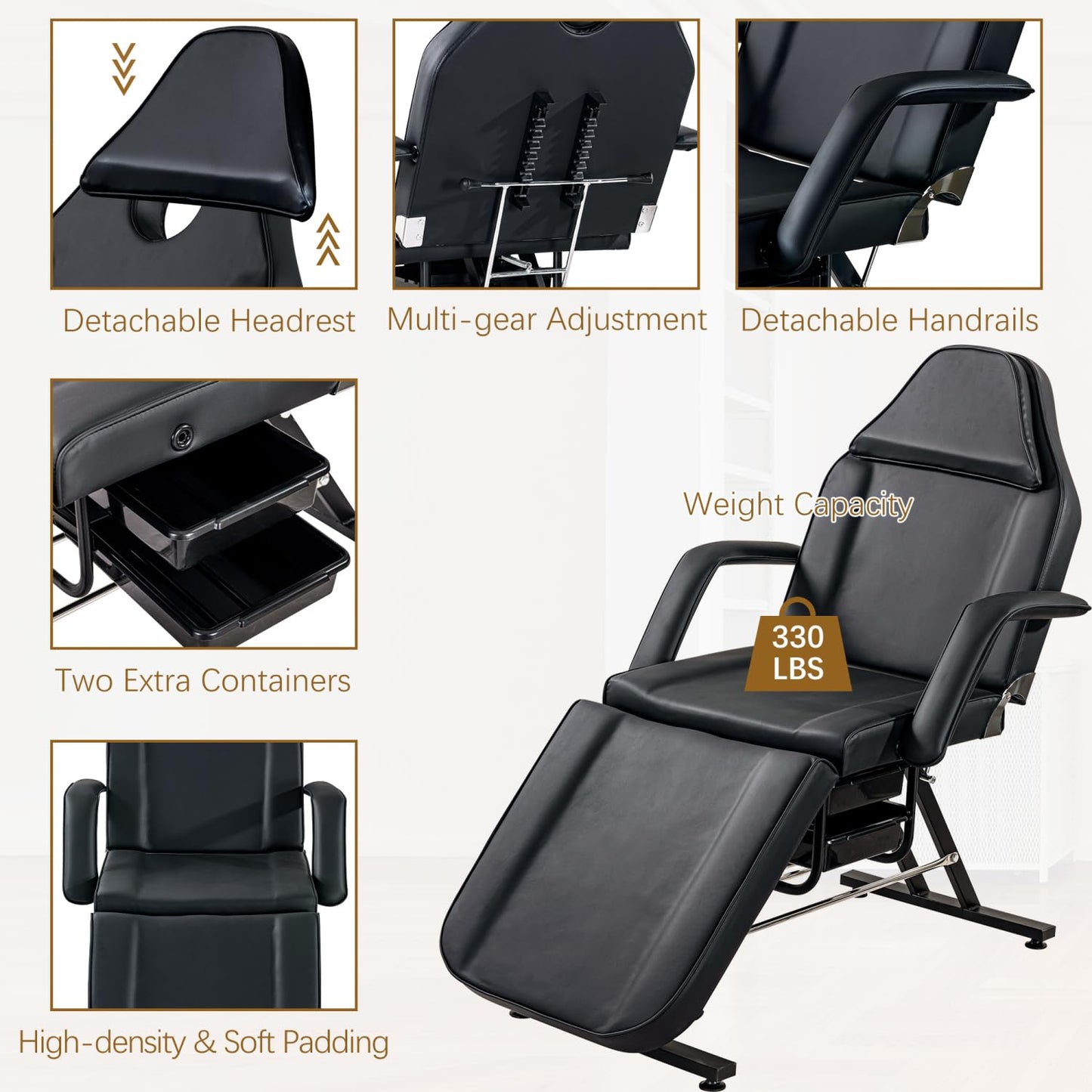 Massage Salon Tattoo Chair with Two Trays Esthetician Bed with Hydraulic Stool,Multi-Purpose 3-Section Facial Bed Table, Adjustable Beauty Barber Spa Beauty Equipment, Black