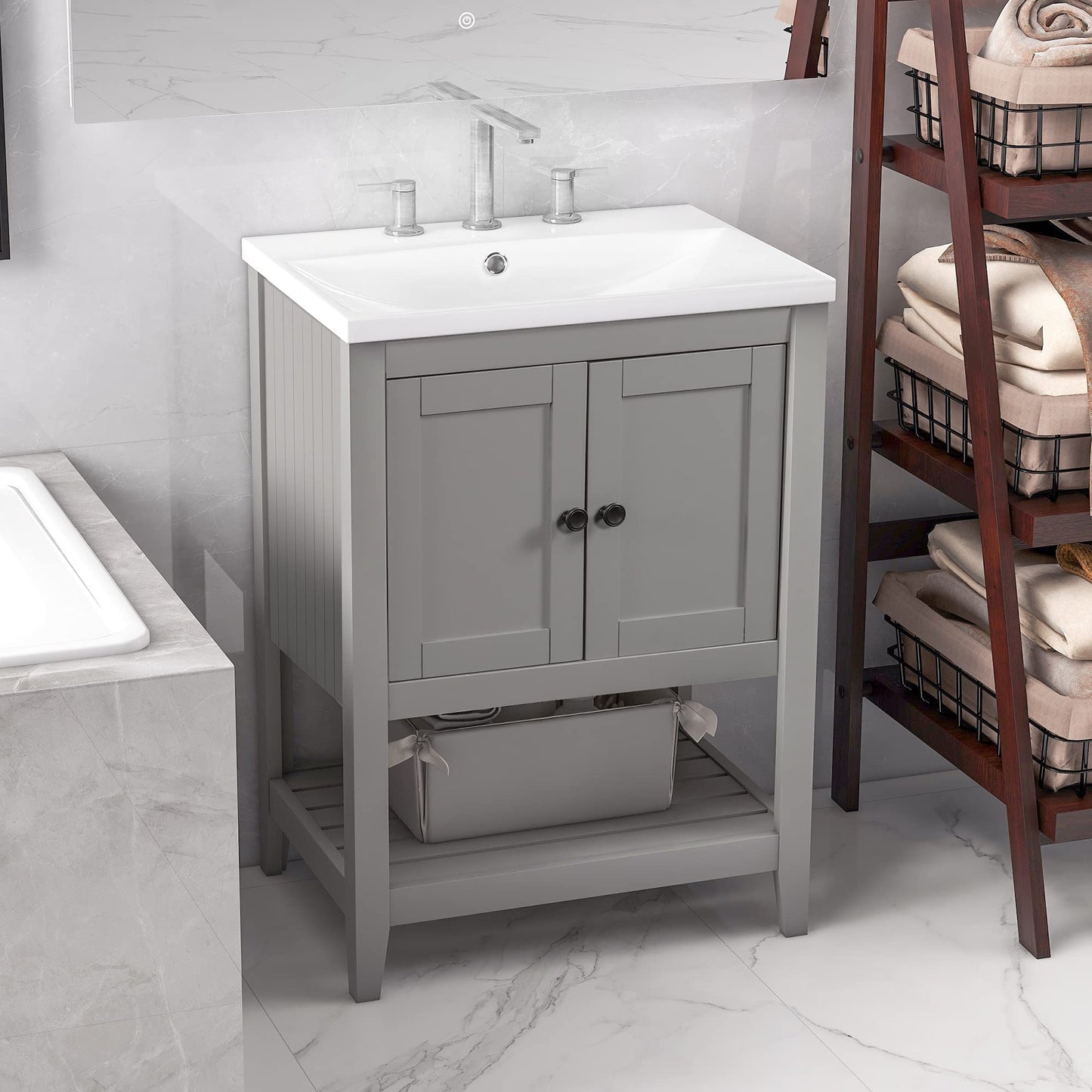 Merax Grey Bathroom Vanity and Sink Combo 24 inch Bathroom Vanities Set with Cabinet, Solid Wood Frame, Ceramic Sink