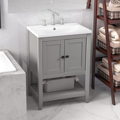 Merax Grey Bathroom Vanity and Sink Combo 24 inch Bathroom Vanities Set with Cabinet, Solid Wood Frame, Ceramic Sink