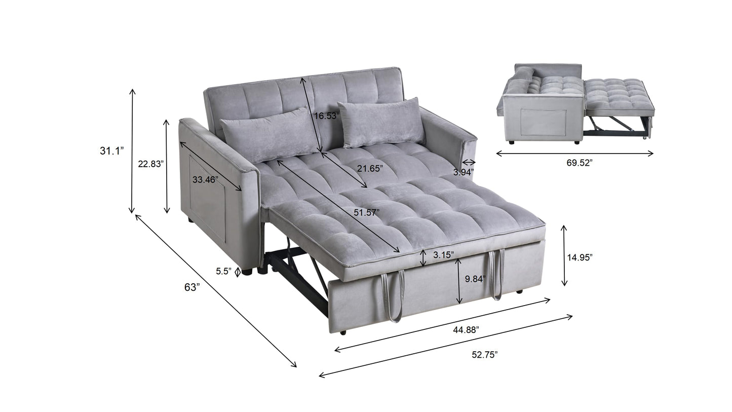 Trygoal 3-in-1 Sofa Bed, 53" Pull-Out Sleeper Sofa Bed with 3-Level Adjustable Backrest, Velvet Fabric Loveseat Sleeper Couch for Living Room & Bedroom & Apartment & Dorm Furniture, Light Gray