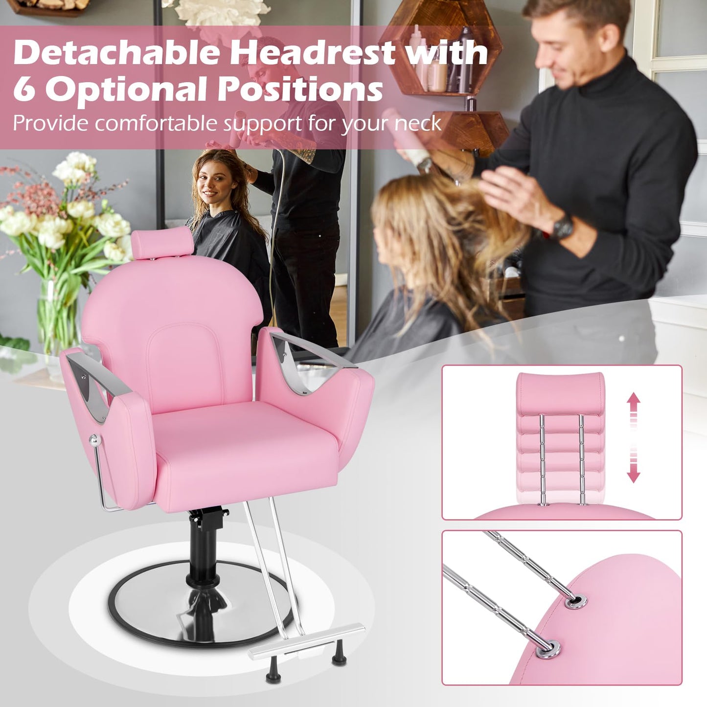 Giantex Reclining Barber Chair - Salon Chair for Hair Stylist, 360 Degrees Swivel, Adjustable Height & Headrest, Heavy Duty Hydraulic Pump, Hair Styling Chair for Makeup Facial Waxing Tattoo (Pink)
