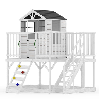 2 Story Wooden Playhouse with Climbing Wall, Outdoor Wooden Playhouse with Step Ladder, Elevated Modern Cedar Playhouses Kids